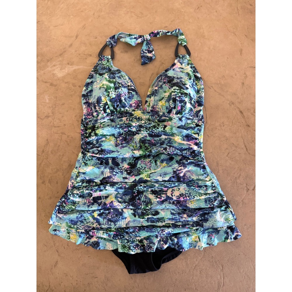 Profile by Gottex Womens Abstract Watercolor Halter Tankini Set Blue Green 14